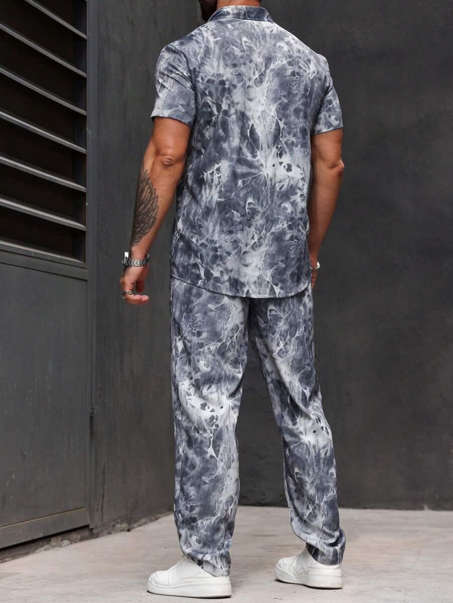 Manfinity Homme Men's Fashion Tie-Dye Printed Short Sleeve Shirt And Pants Set-5
