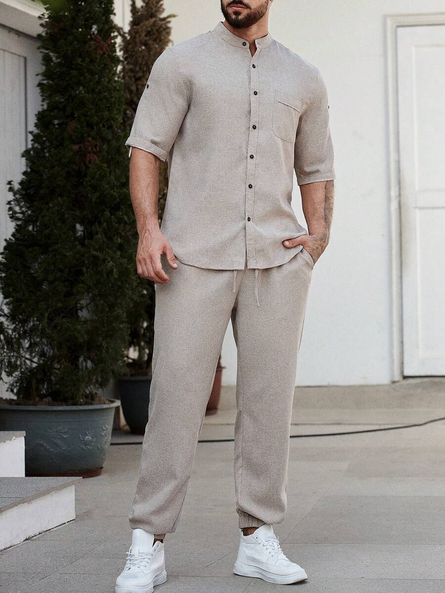 Manfinity Homme Men's Loose Solid Color Rolled Sleeve Shirt Set-2