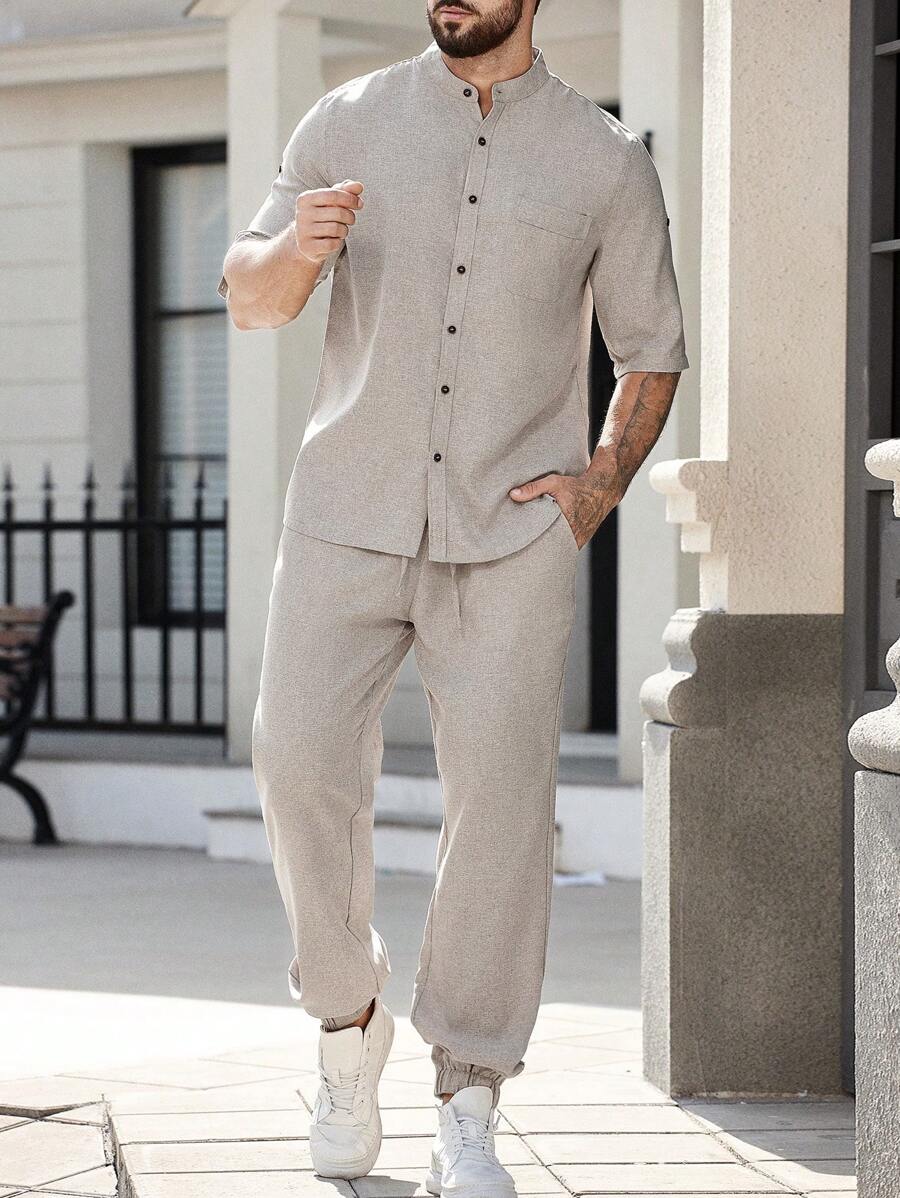 Manfinity Homme Men's Loose Solid Color Rolled Sleeve Shirt Set-4