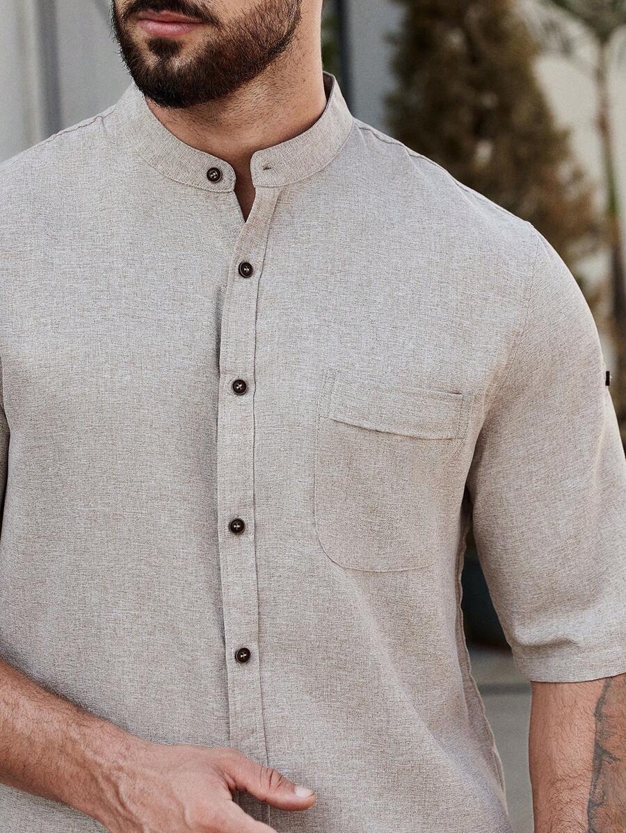 Manfinity Homme Men's Loose Solid Color Rolled Sleeve Shirt Set-5