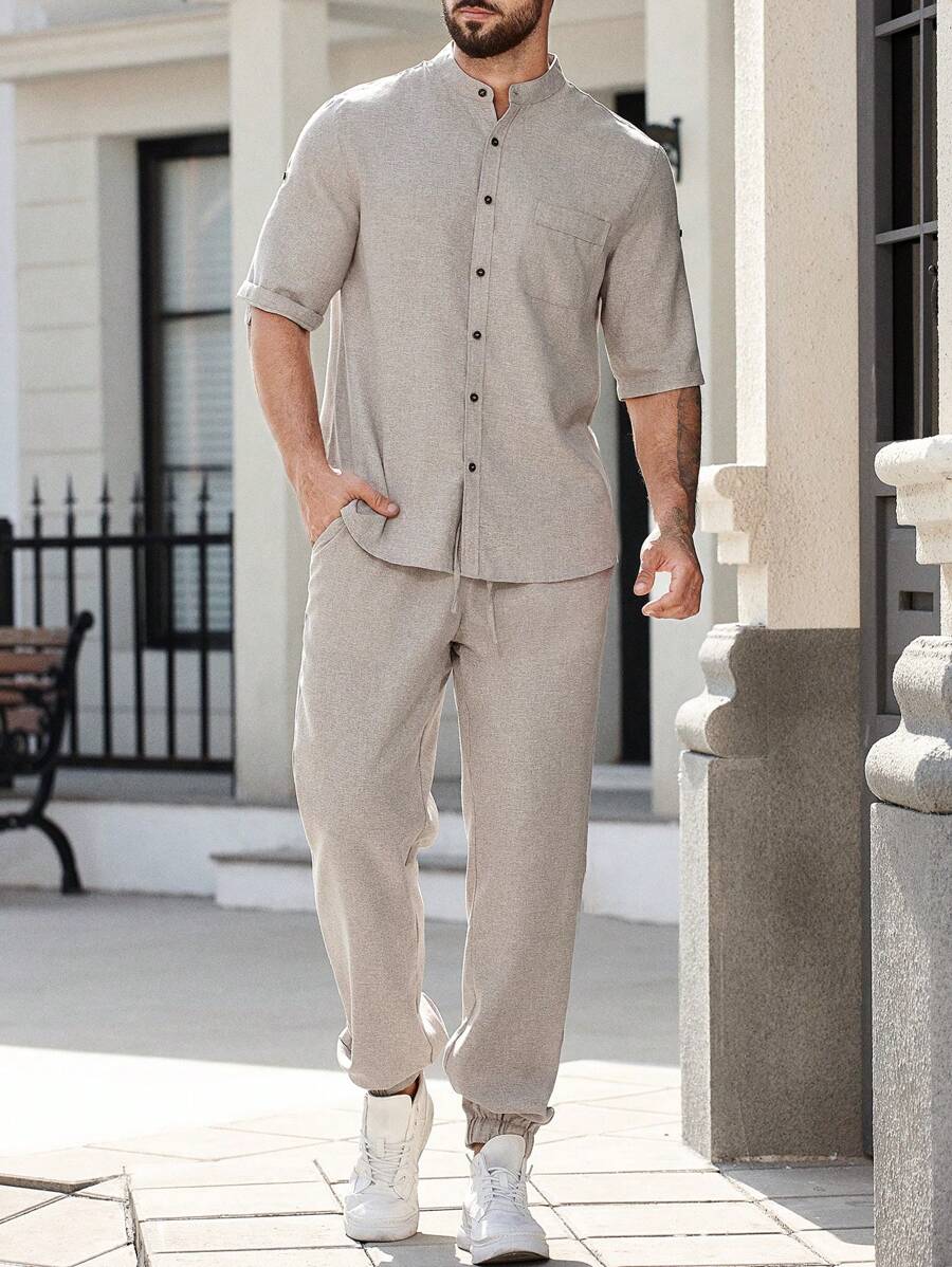 Manfinity Homme Men's Loose Solid Color Rolled Sleeve Shirt Set-6