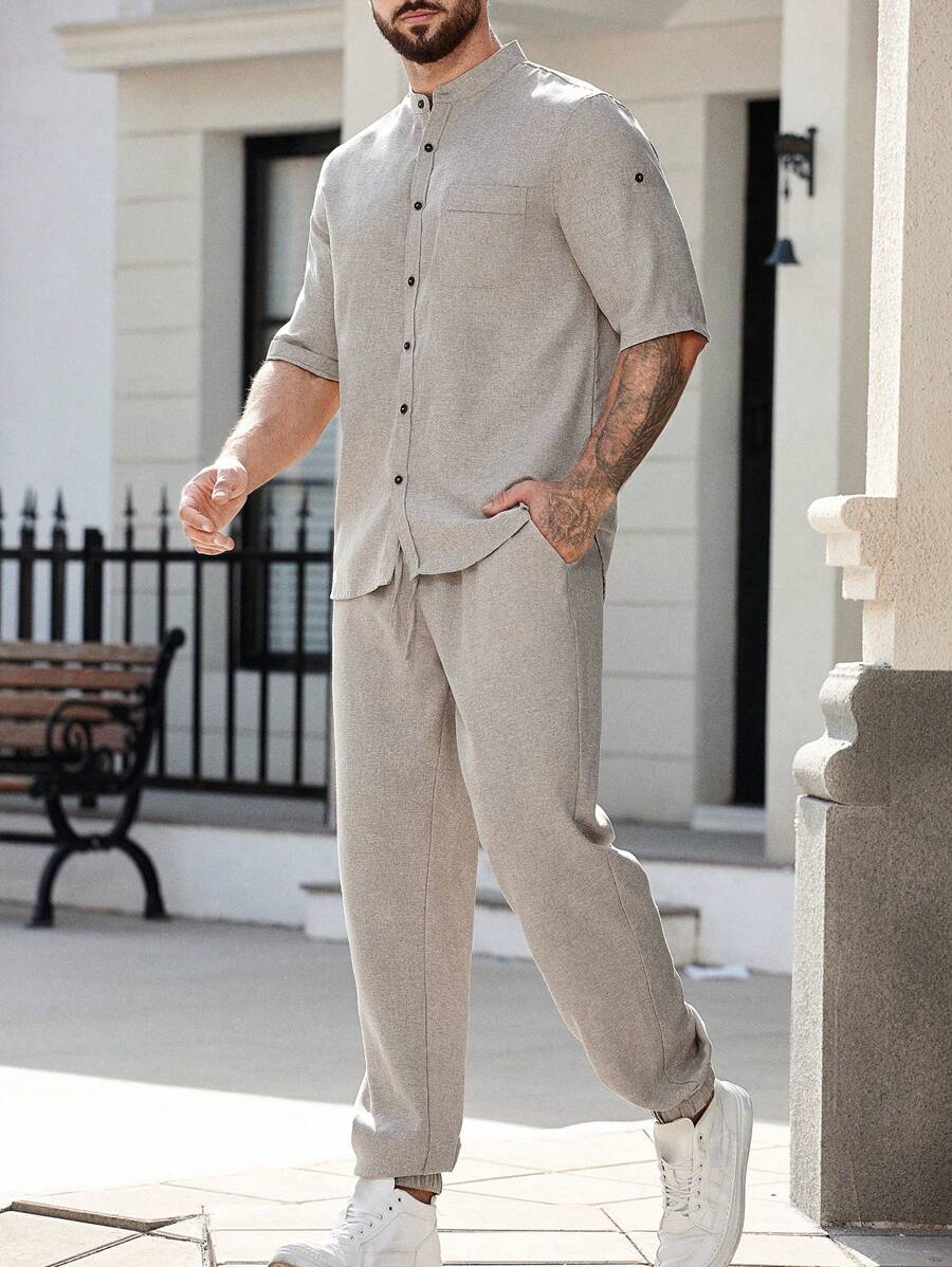 Manfinity Homme Men's Loose Solid Color Rolled Sleeve Shirt Set-8