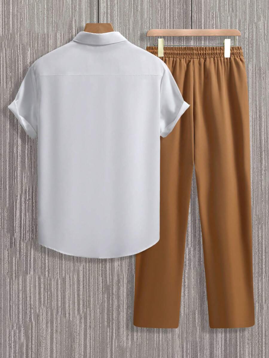 Manfinity Homme Men's Simple Front-Button Short Sleeve Top And Pants Casual 2 Pieces Set-2