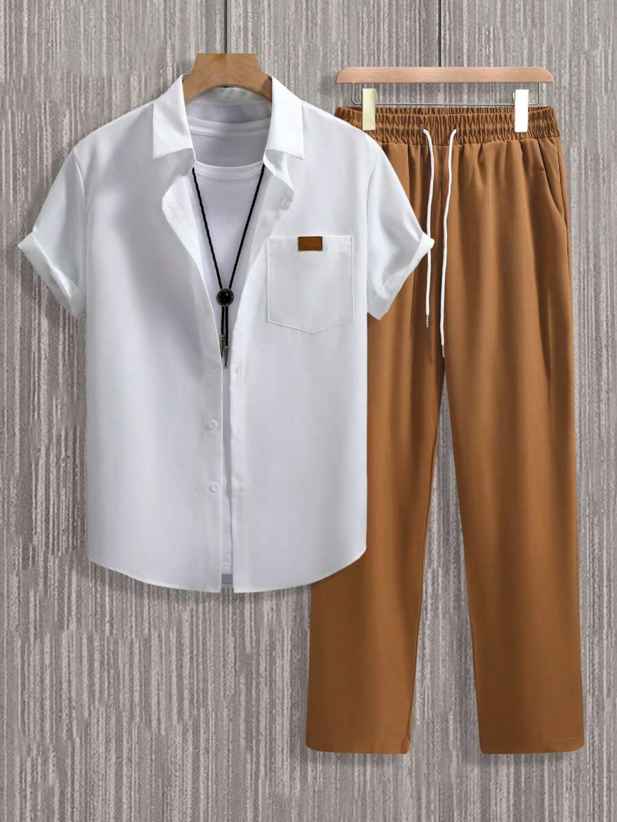 Manfinity Homme Men's Simple Front-Button Short Sleeve Top And Pants Casual 2 Pieces Set-3