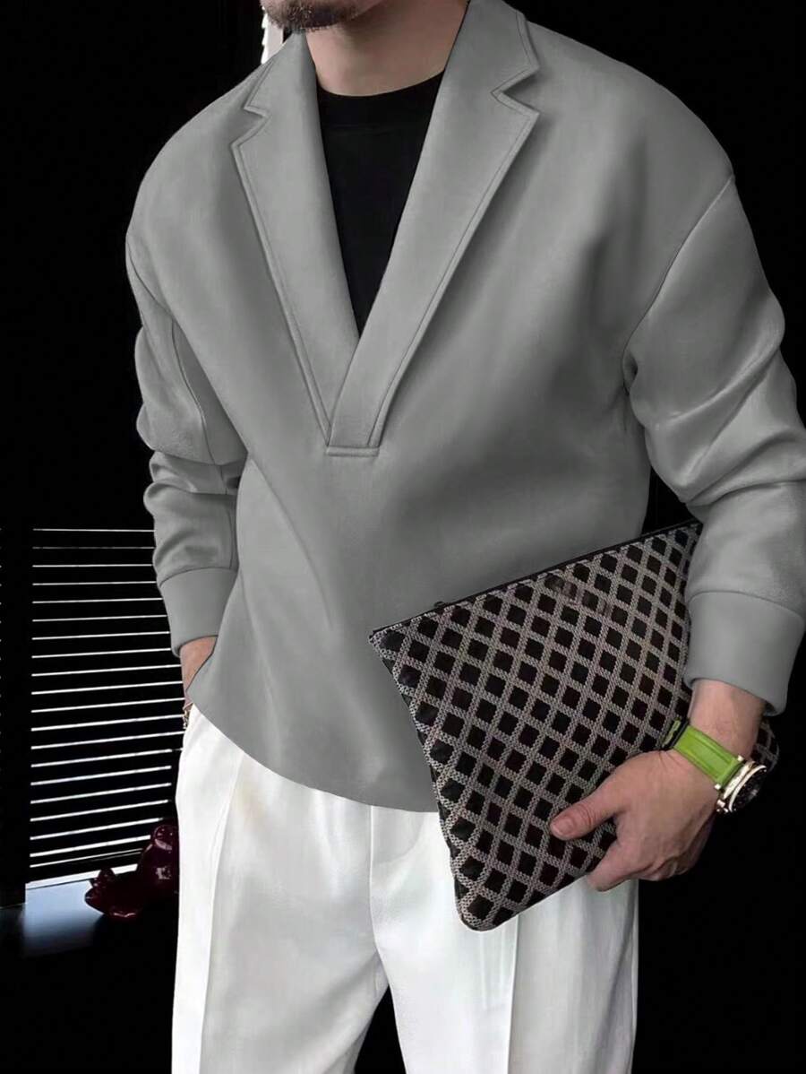 Manfinity Homme Men's Solid Color Blazer Collar Plain Long Sleeve Going Out Casual Sweatshirt-3