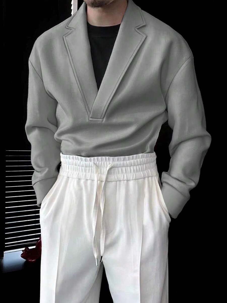 Manfinity Homme Men's Solid Color Blazer Collar Plain Long Sleeve Going Out Casual Sweatshirt-4