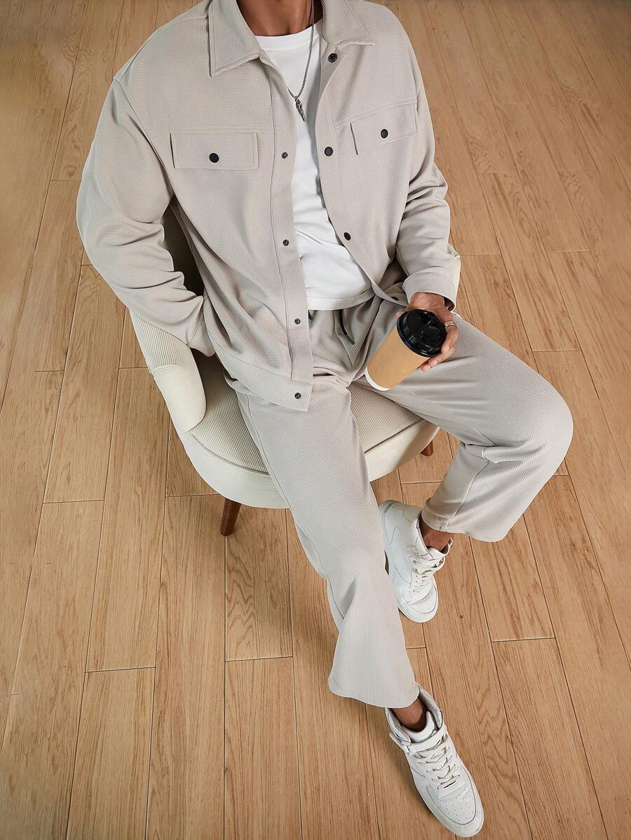 Manfinity Homme Men's Waffle Textured Jacquard Blazer And Pants Casual Suit-2