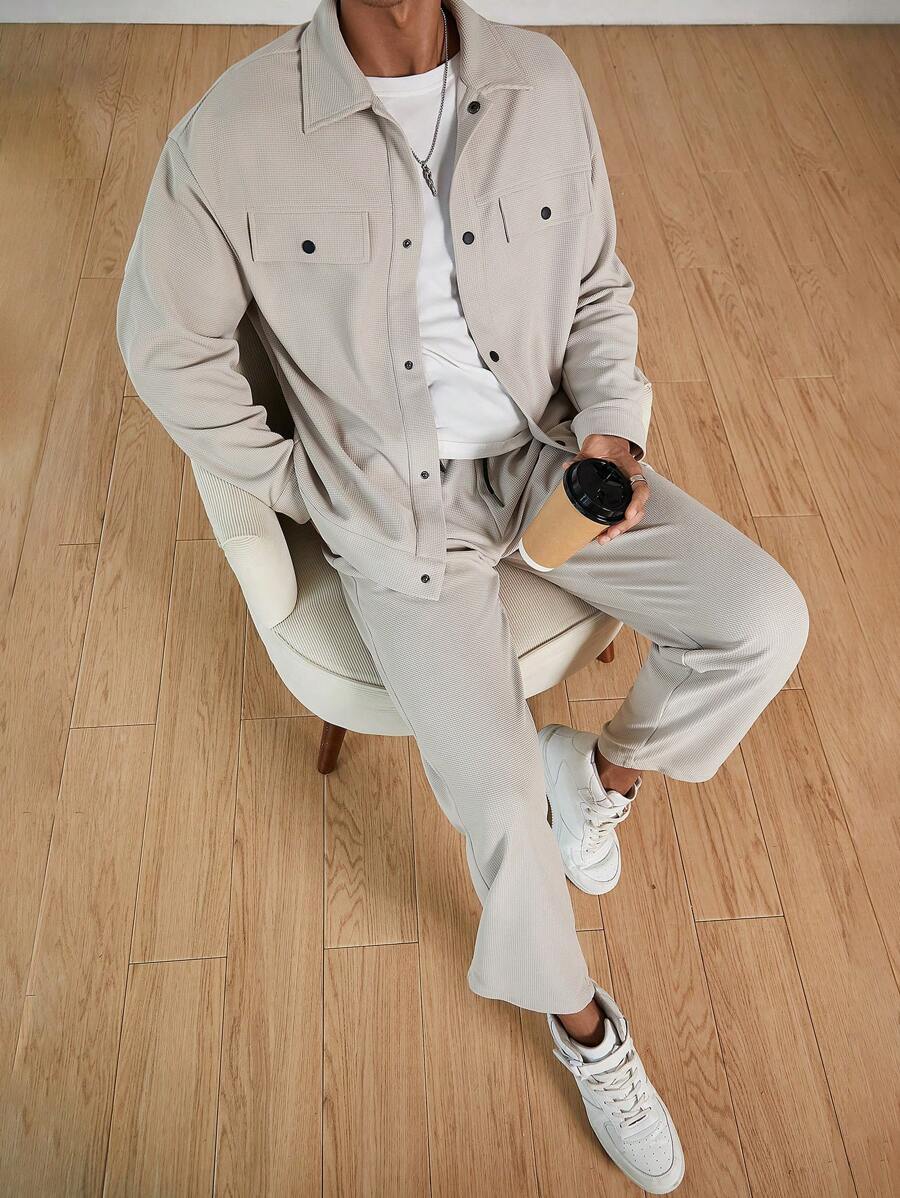 Manfinity Homme Men's Waffle Textured Jacquard Blazer And Pants Casual Suit-4