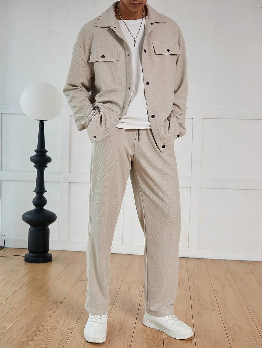 Manfinity Homme Men's Waffle Textured Jacquard Blazer And Pants Casual Suit-6