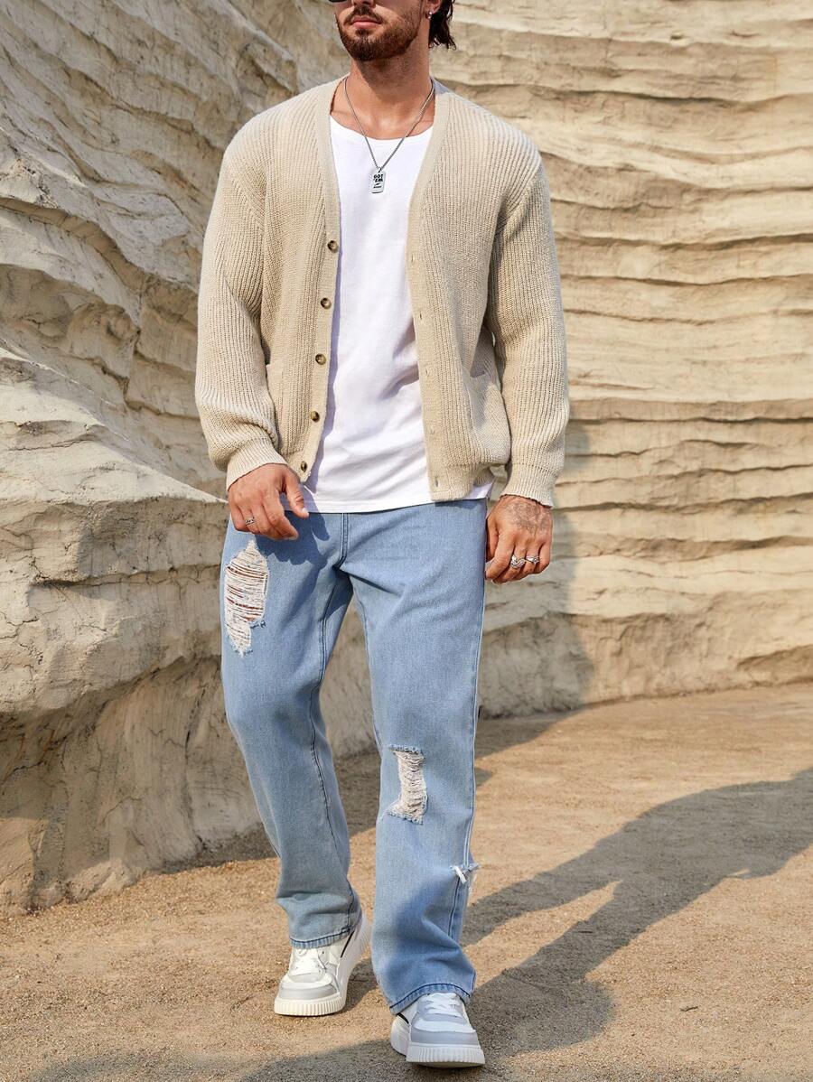 Manfinity Modomio Men Solid Button Front Cardigan Chunky Plain-4