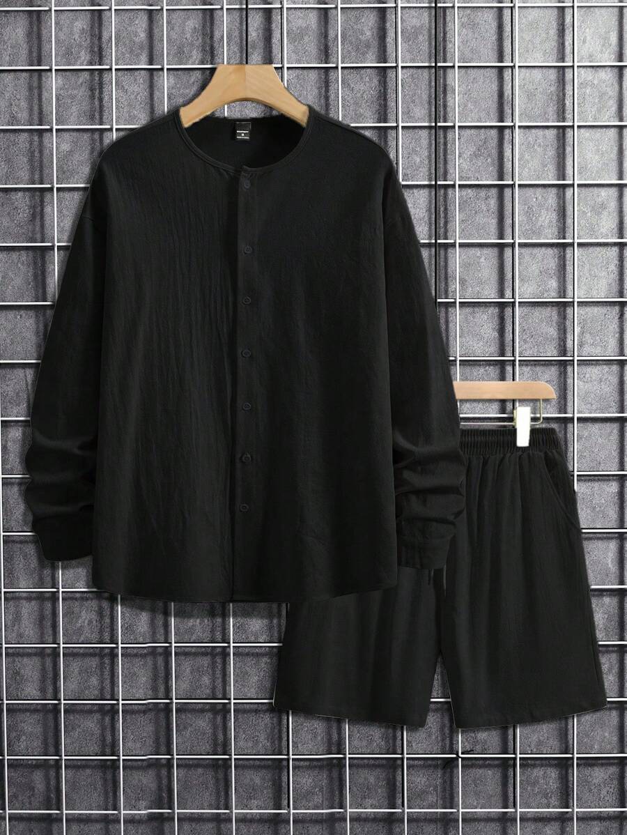 Manfinity RSRT Men Solid Color Round Neck Long Sleeve Shirt And Pocket Design Shorts Casual Suit-2