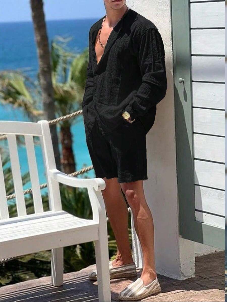 Manfinity RSRT Men Solid Color Round Neck Long Sleeve Shirt And Pocket Design Shorts Casual Suit-4