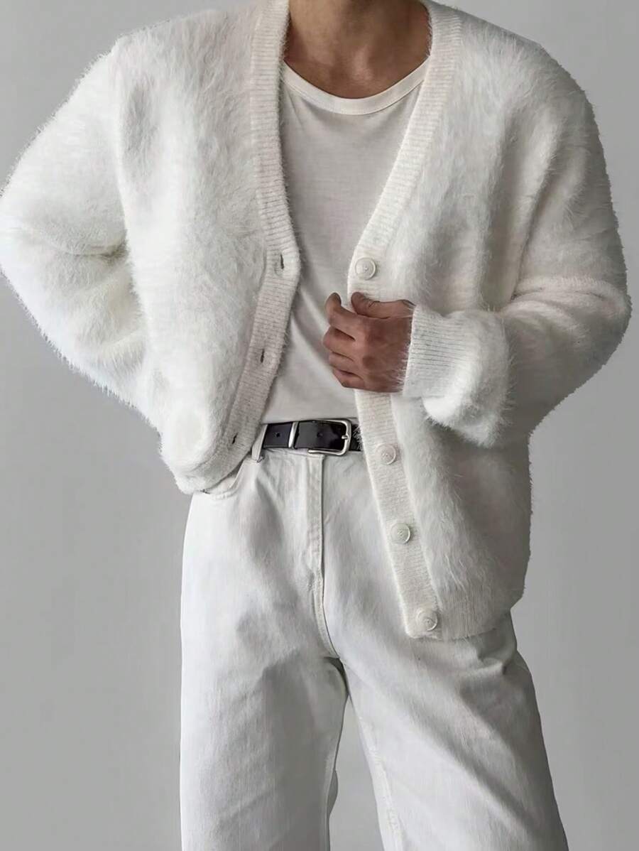 Men V-Neck Loose Fit Casual Korean Style Cardigan Knit Sweater-3