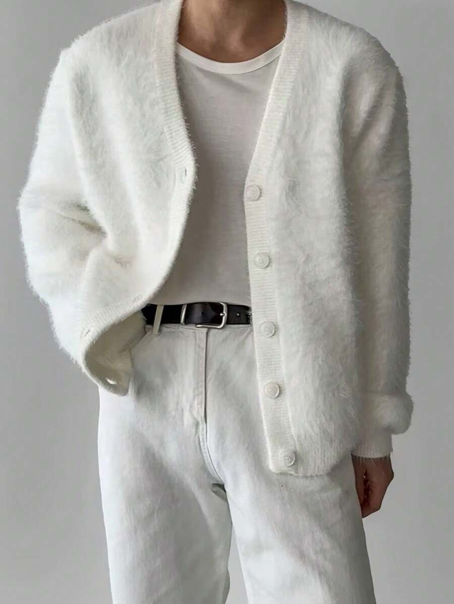 Men V-Neck Loose Fit Casual Korean Style Cardigan Knit Sweater-4