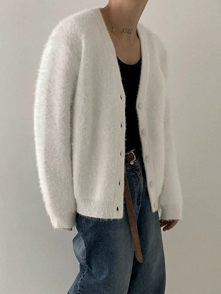 Men V-Neck Loose Fit Casual Korean Style Cardigan Knit Sweater-7