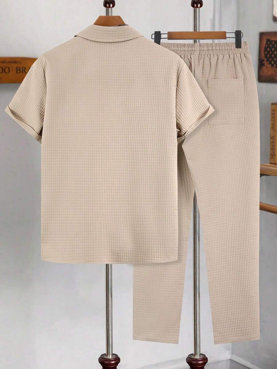 Men's 2 Piece Casual Suit, Short Sleeve Resin Button Shirt And Long Pants Set-2