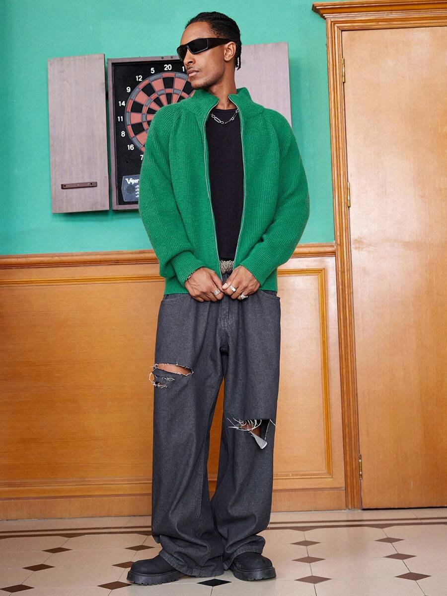 Men's Casual Loose Knit Cardigan, Solid Color-3