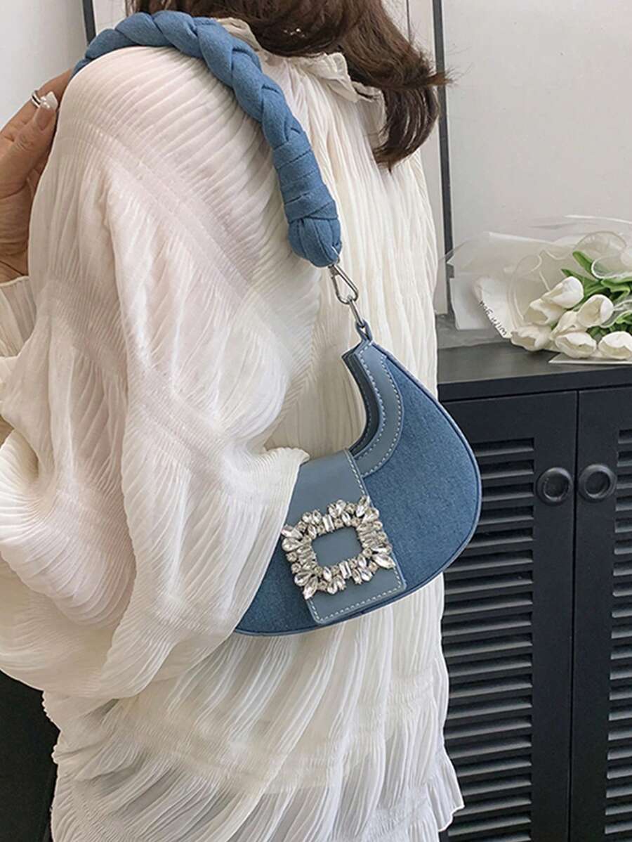 Mini Hobo Bag Rhinestone Decor Braided Strap Stylish Denim -2