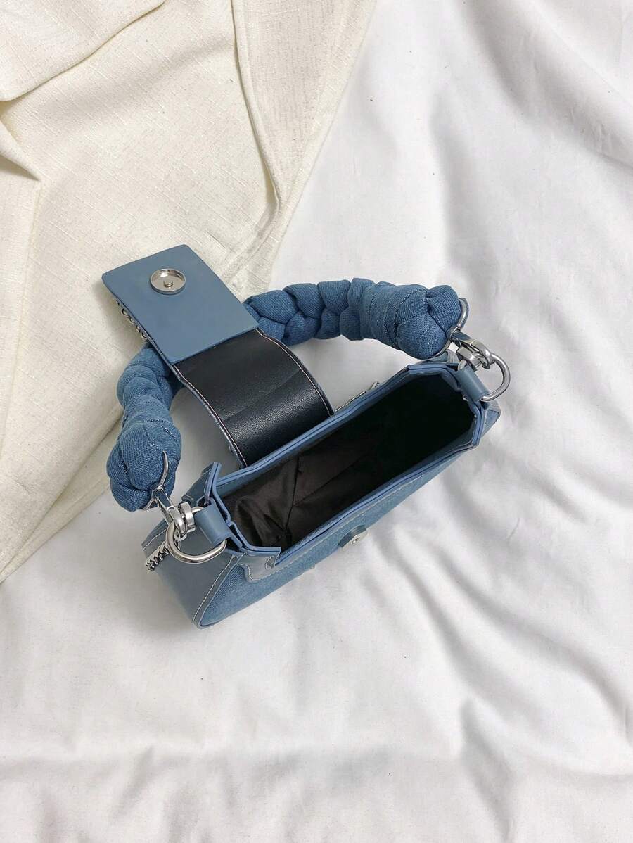 Mini Hobo Bag Rhinestone Decor Braided Strap Stylish Denim -3