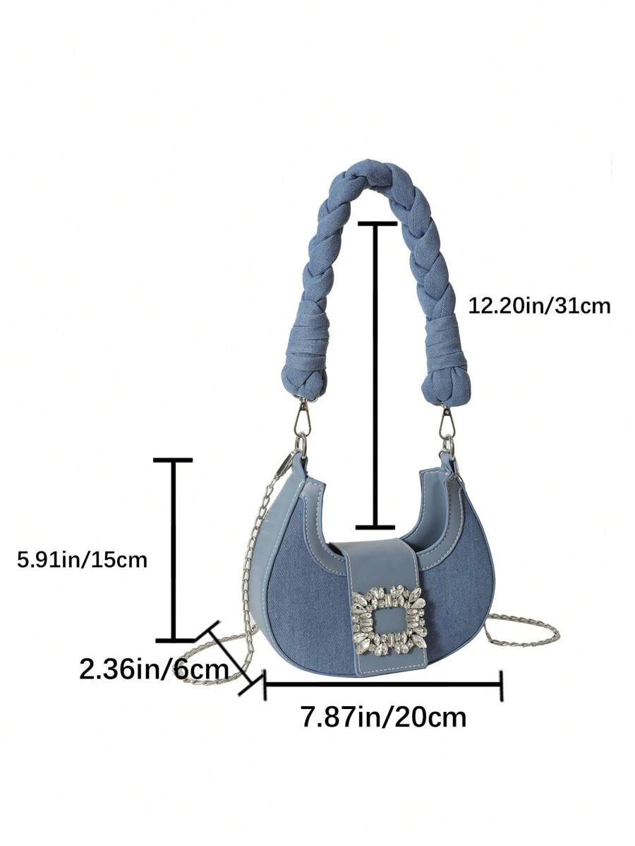 Mini Hobo Bag Rhinestone Decor Braided Strap Stylish Denim -4