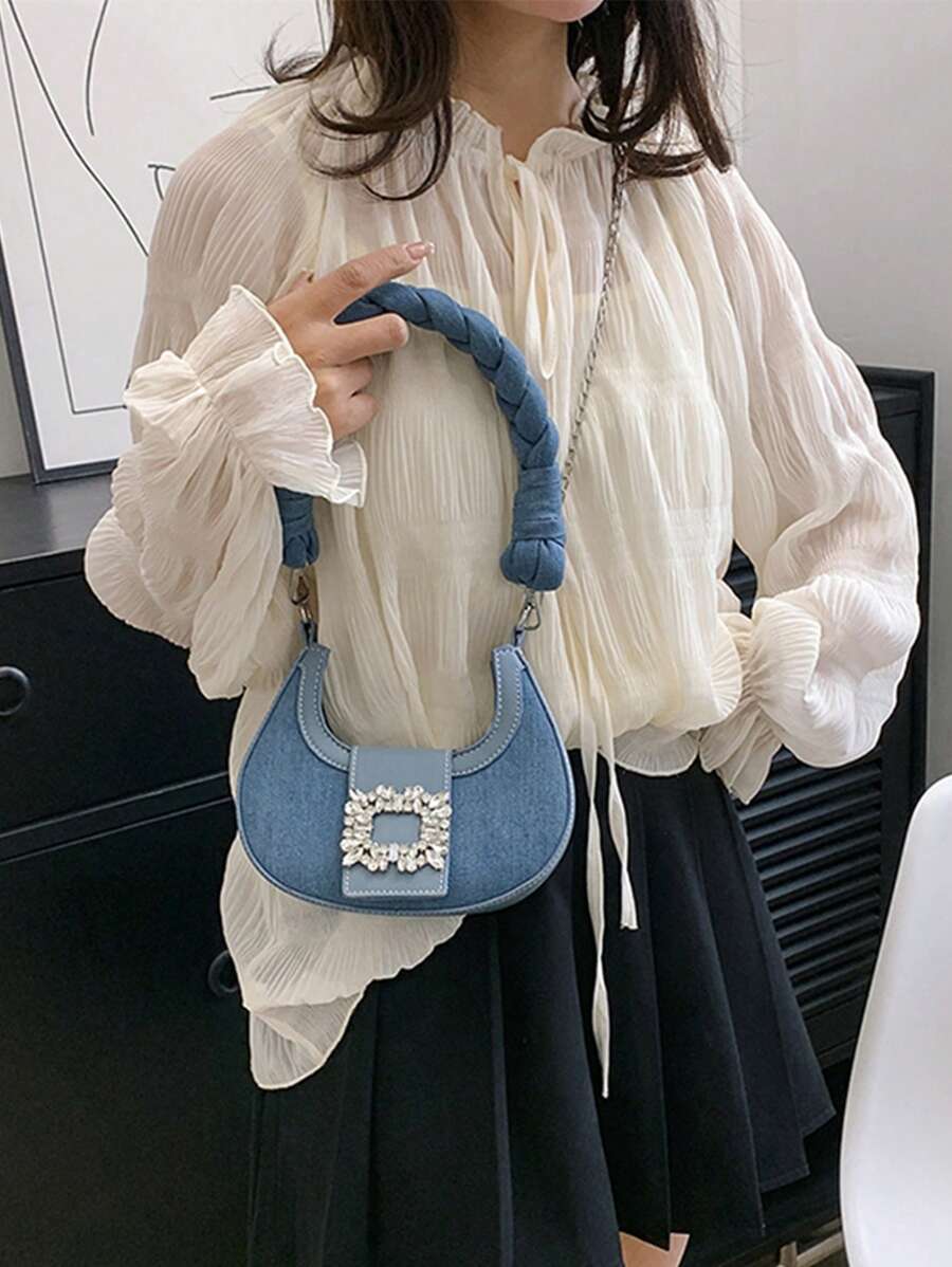 Mini Hobo Bag Rhinestone Decor Braided Strap Stylish Denim -5