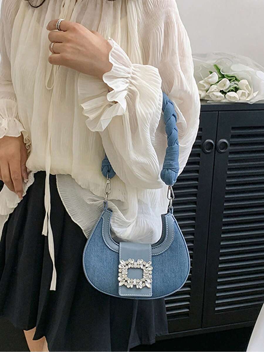 Mini Hobo Bag Rhinestone Decor Braided Strap Stylish Denim -6