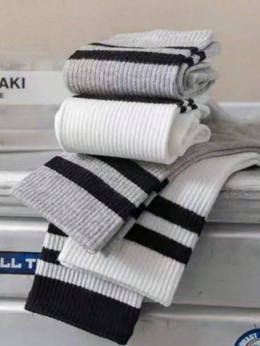 Set Men's Autumn Double Stripes Black, White, Gray Casual Sports Socks-2