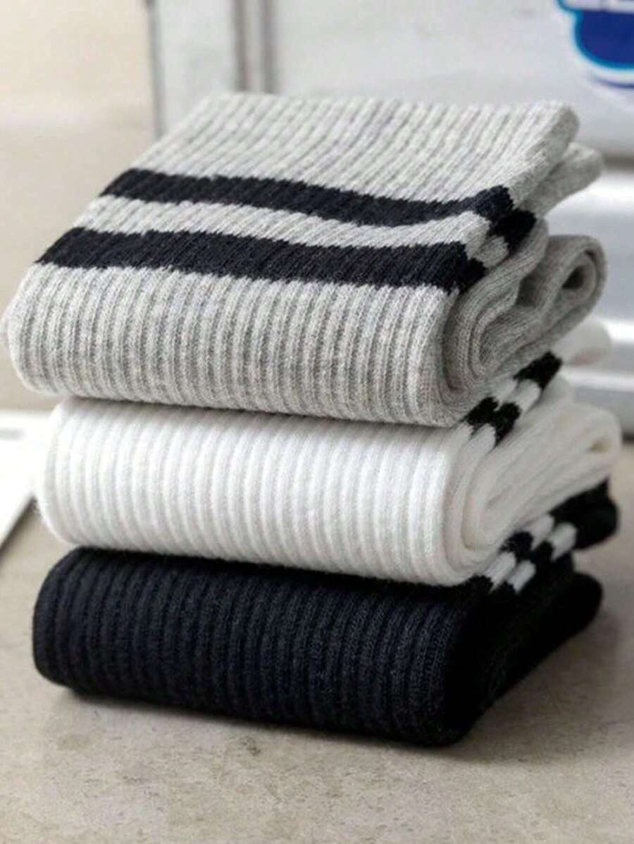 Set Men's Autumn Double Stripes Black, White, Gray Casual Sports Socks-4