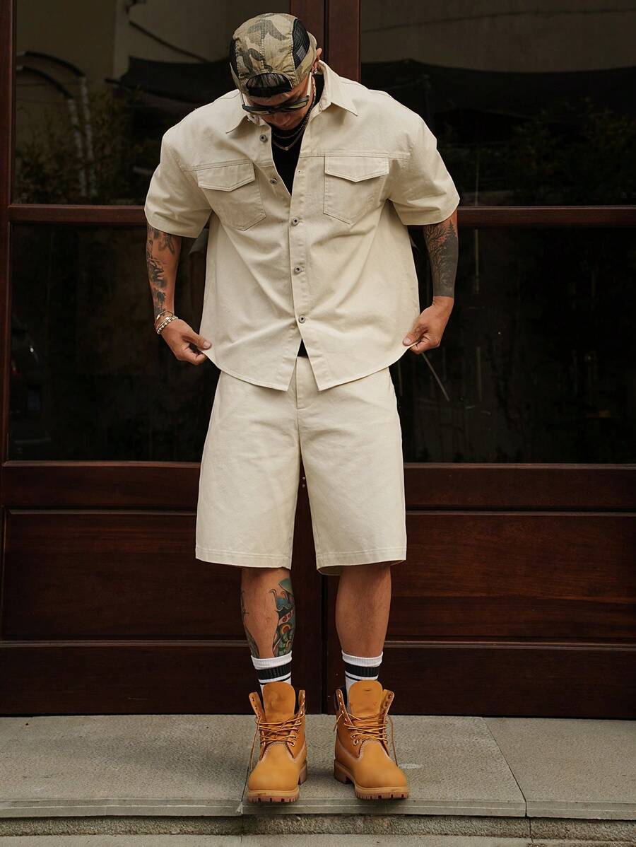 Set Men's Solid Color Casual Shorts & Short Sleeve Shirt Set-2