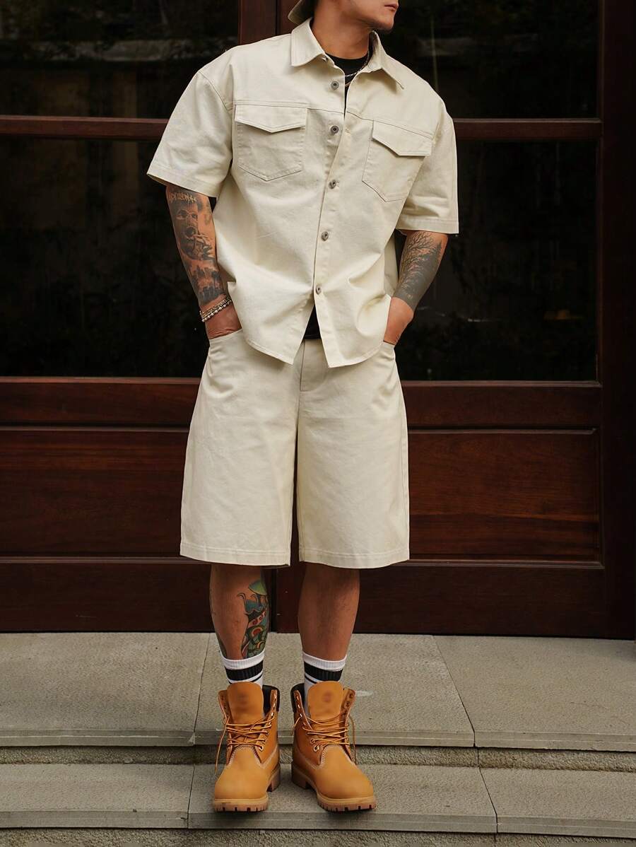 Set Men's Solid Color Casual Shorts & Short Sleeve Shirt Set-3