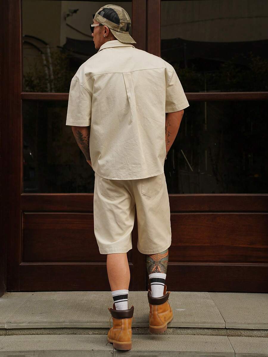 Set Men's Solid Color Casual Shorts & Short Sleeve Shirt Set-4