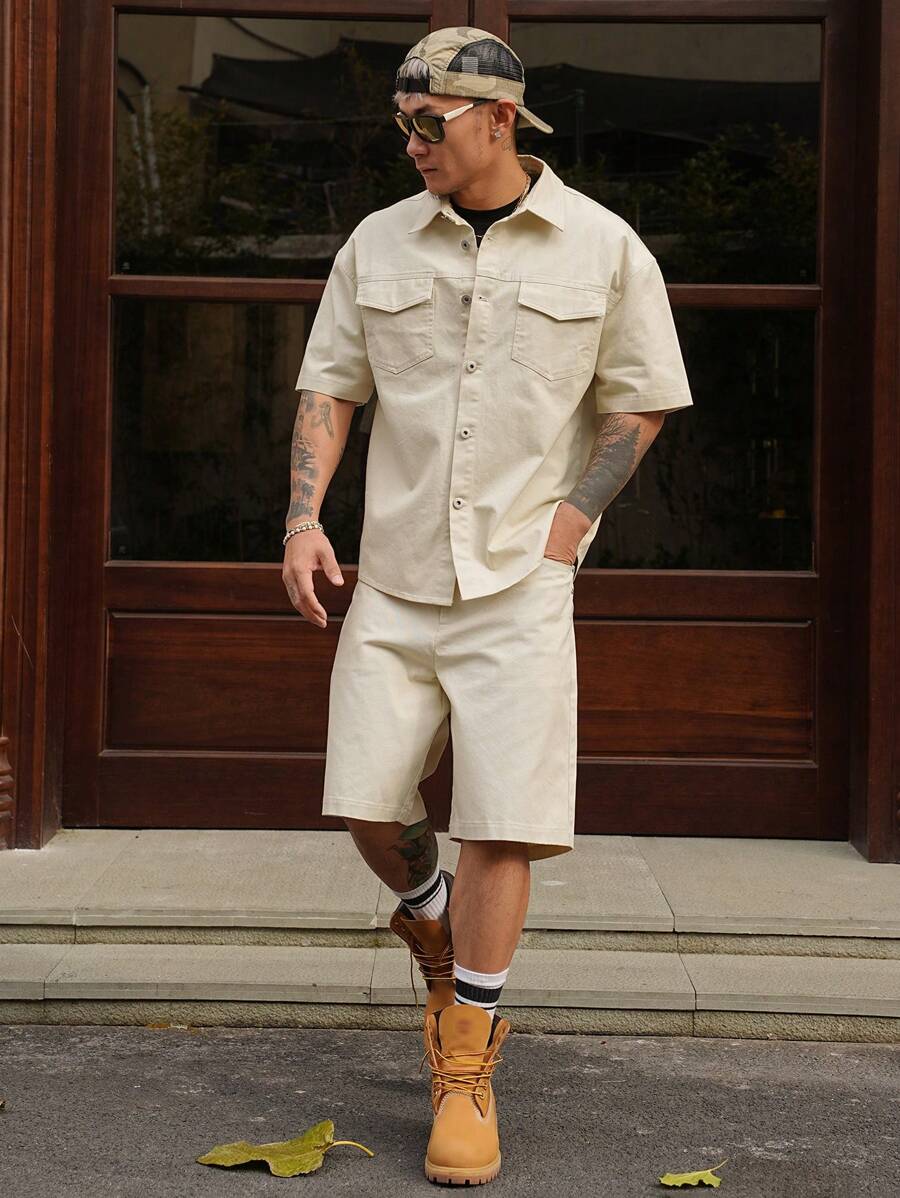 Set Men's Solid Color Casual Shorts & Short Sleeve Shirt Set-5