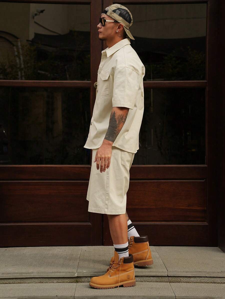 Set Men's Solid Color Casual Shorts & Short Sleeve Shirt Set-6