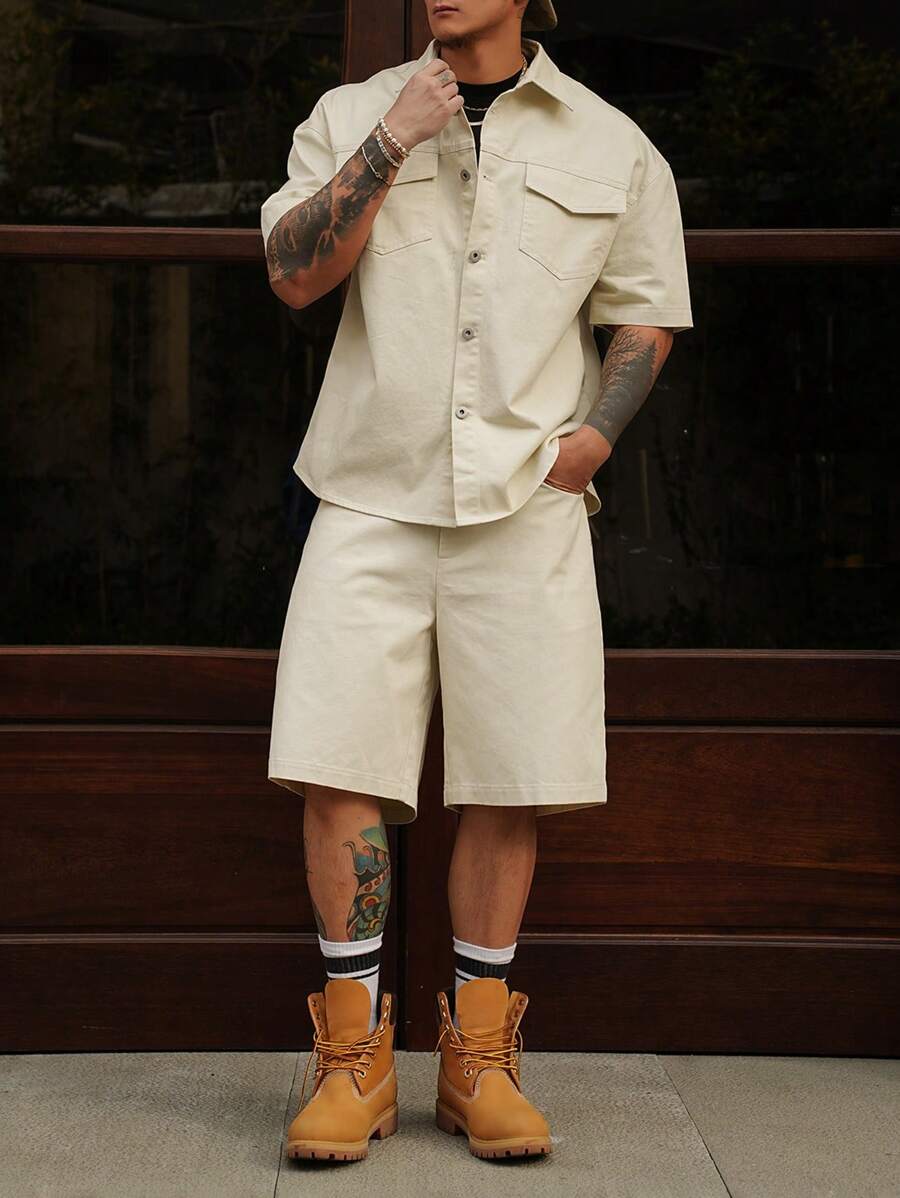 Set Men's Solid Color Casual Shorts & Short Sleeve Shirt Set-7