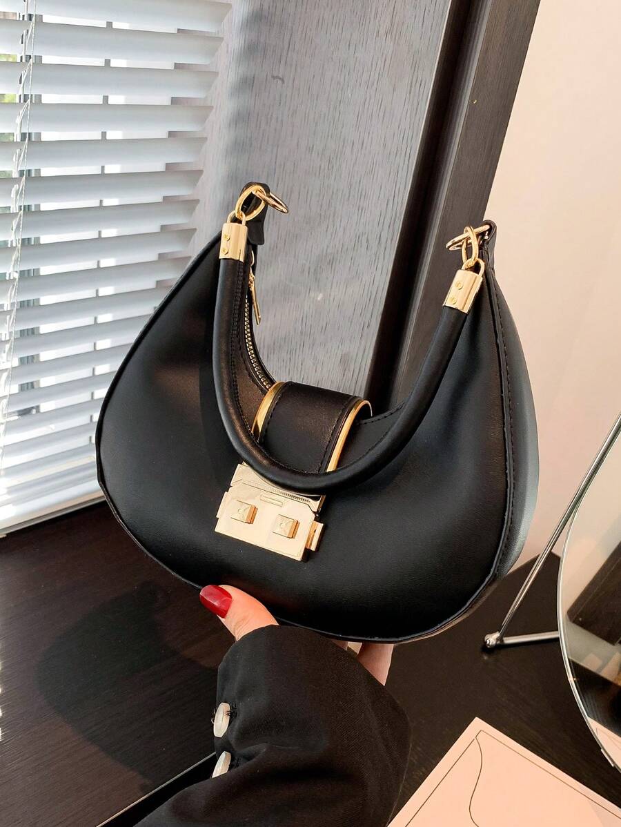 Shoulder Crescent Bag Fashion Buckle Design Gold Border-2