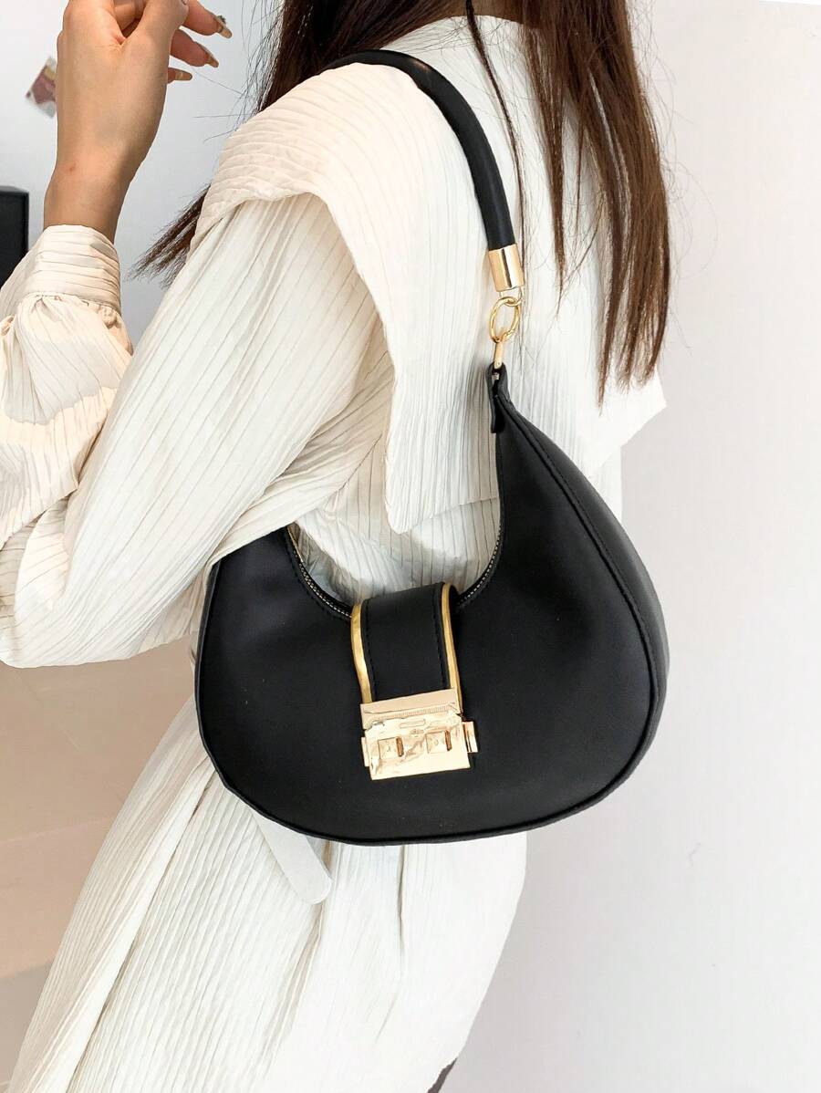 Shoulder Crescent Bag Fashion Buckle Design Gold Border-3