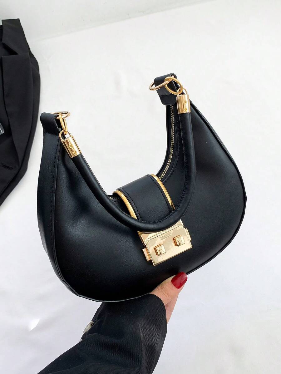 Shoulder Crescent Bag Fashion Buckle Design Gold Border-4