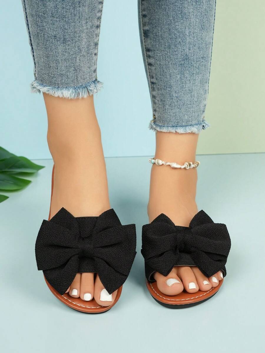 1pair Black Flat Sandals With Bow Decor, Round Open Toe, Non-Slip Bottom-2