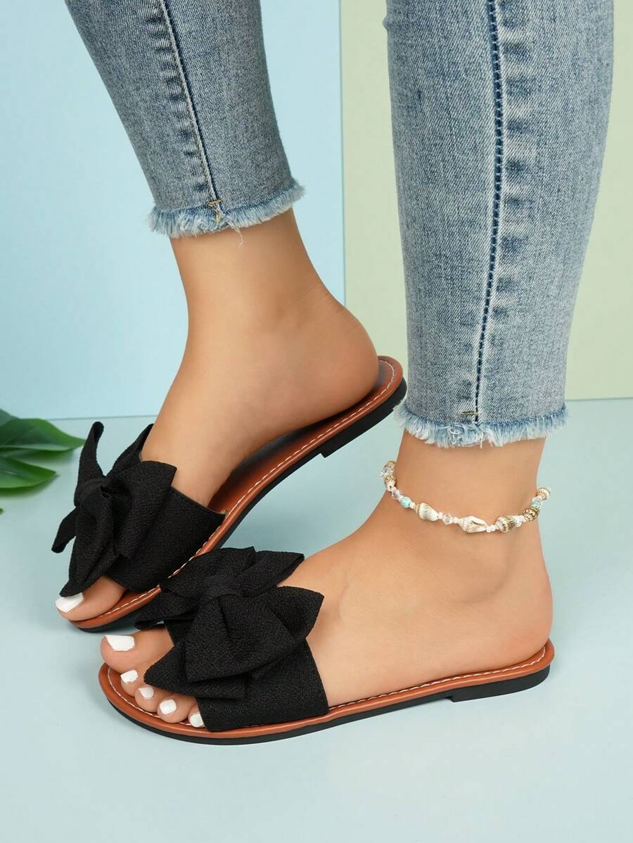 1pair Black Flat Sandals With Bow Decor, Round Open Toe, Non-Slip Bottom-4