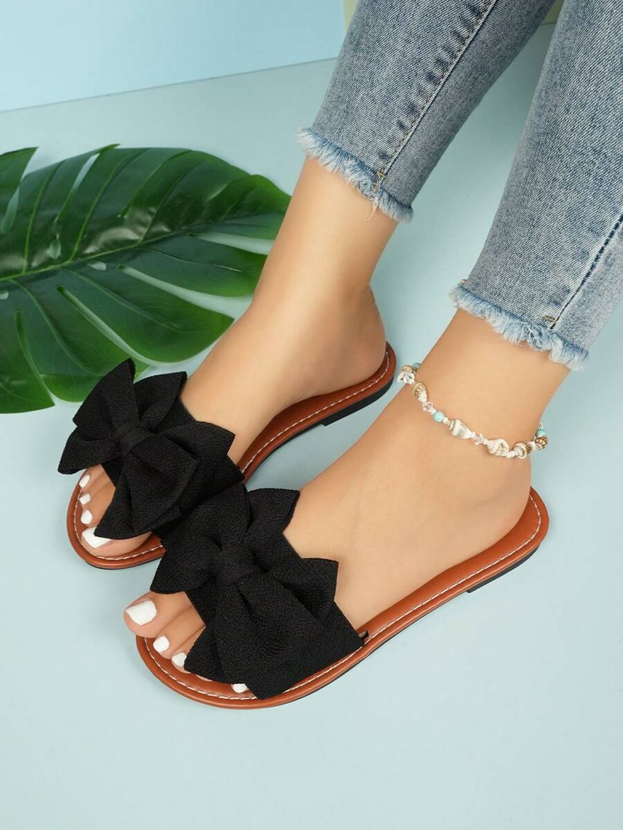 1pair Black Flat Sandals With Bow Decor, Round Open Toe, Non-Slip Bottom-5