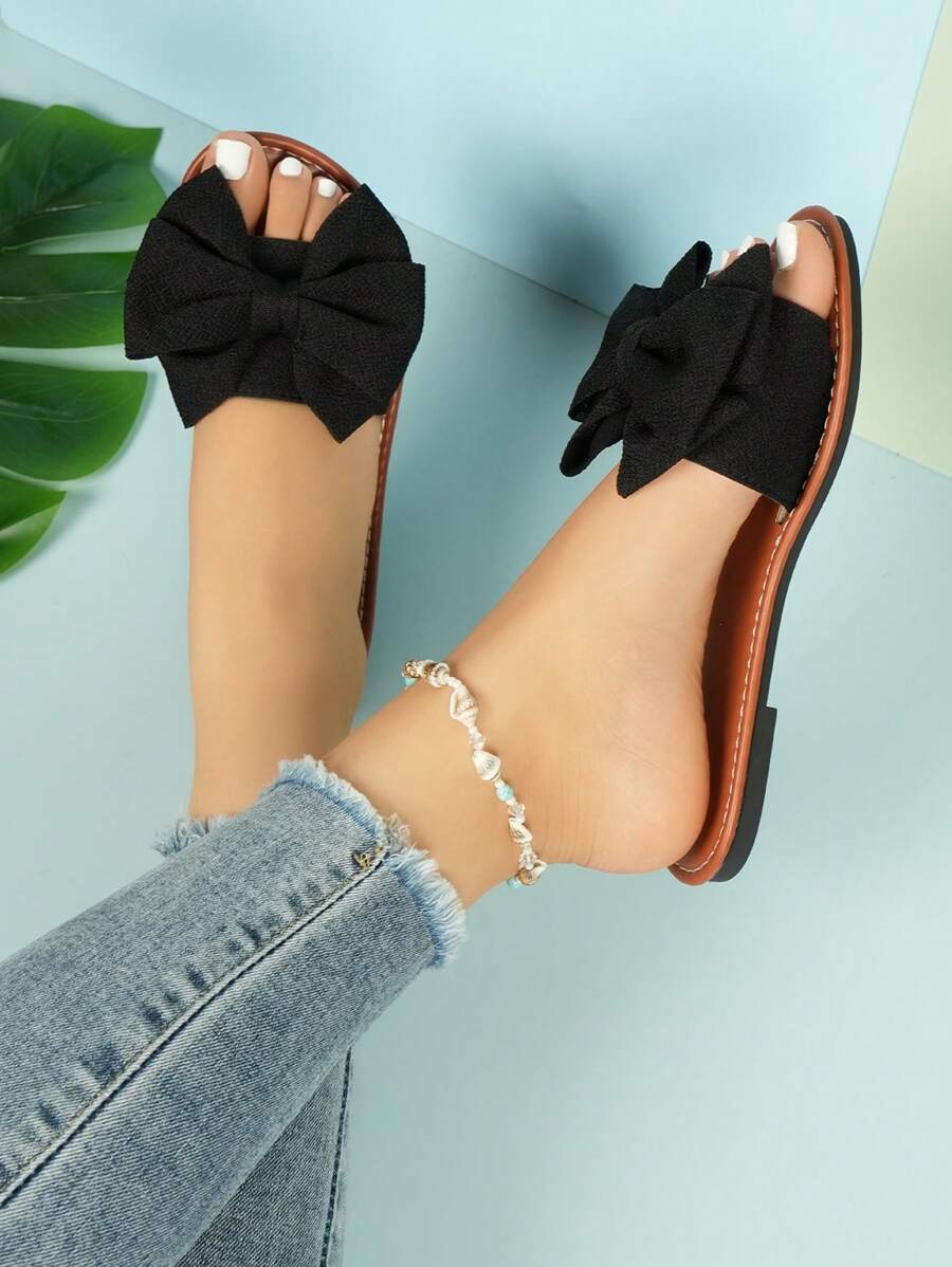 1pair Black Flat Sandals With Bow Decor, Round Open Toe, Non-Slip Bottom-6