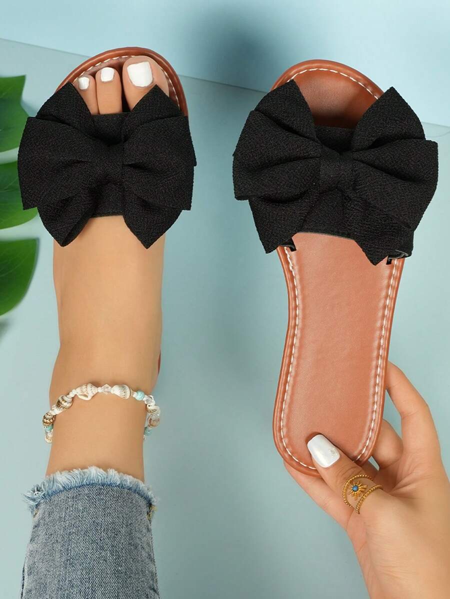 1pair Black Flat Sandals With Bow Decor, Round Open Toe, Non-Slip Bottom-7
