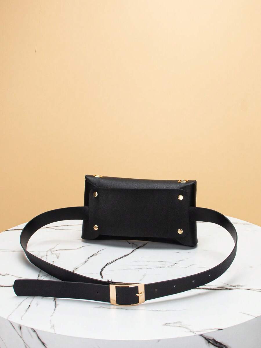1pc Black Texture Leather Belt Bag Fashion Women Chain Crossbody-4
