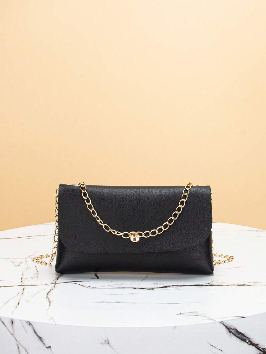 1pc Black Texture Leather Belt Bag Fashion Women Chain Crossbody-5