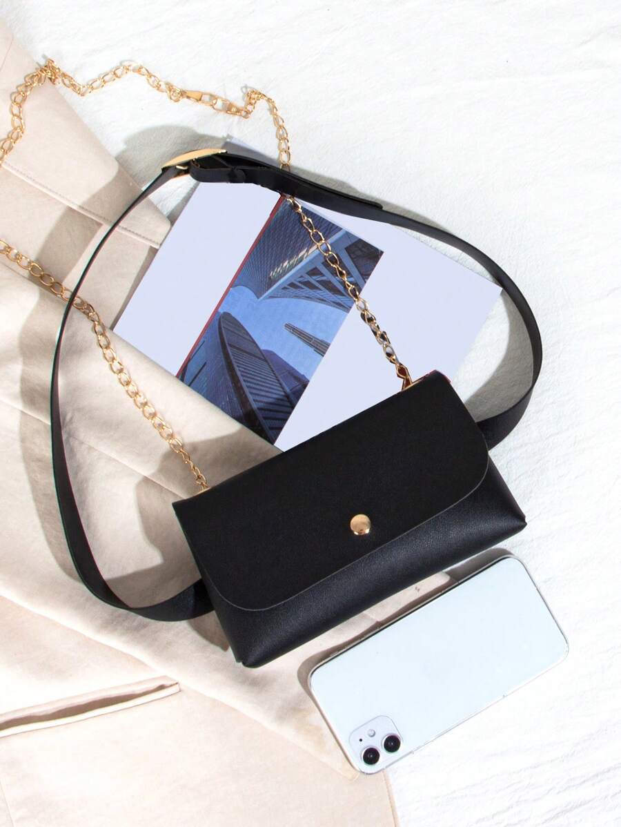 1pc Black Texture Leather Belt Bag Fashion Women Chain Crossbody-7