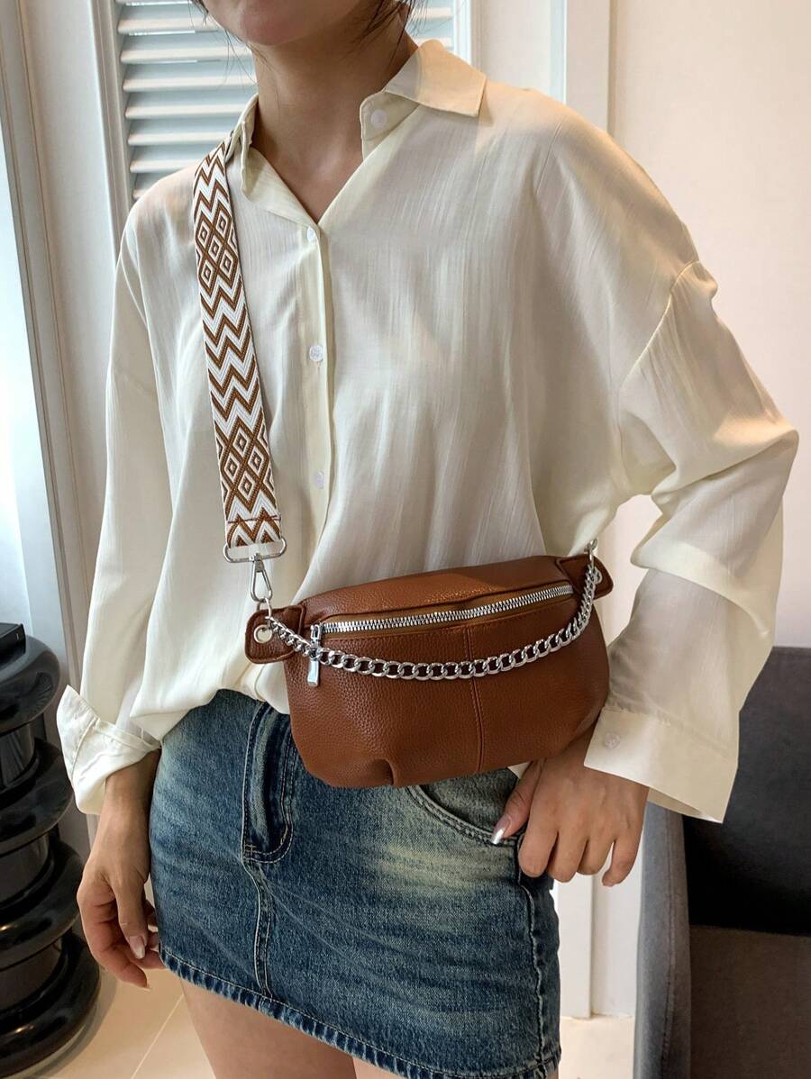 1pc Women Solid Color PU Chain Waist Pack Multi-Function Chest Bag-3