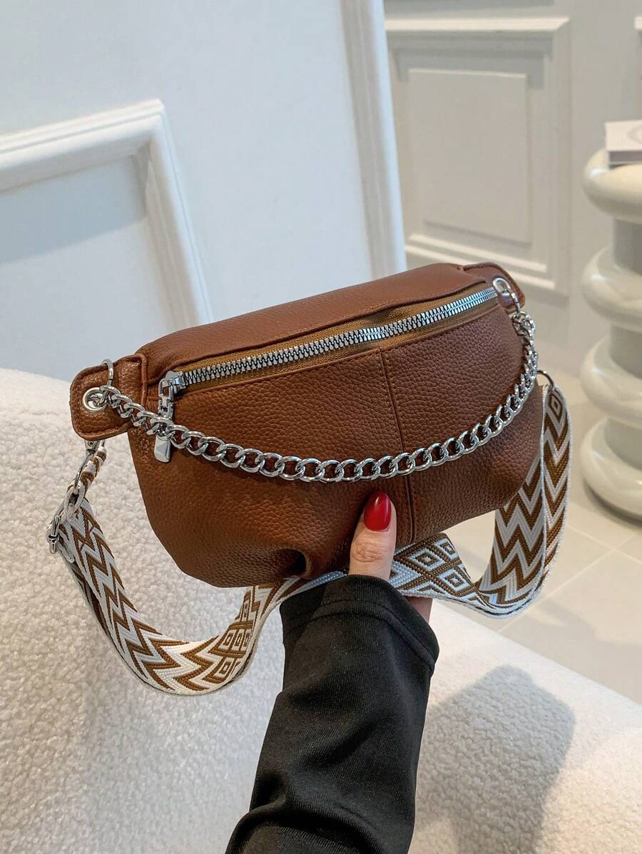 1pc Women Solid Color PU Chain Waist Pack Multi-Function Chest Bag-6