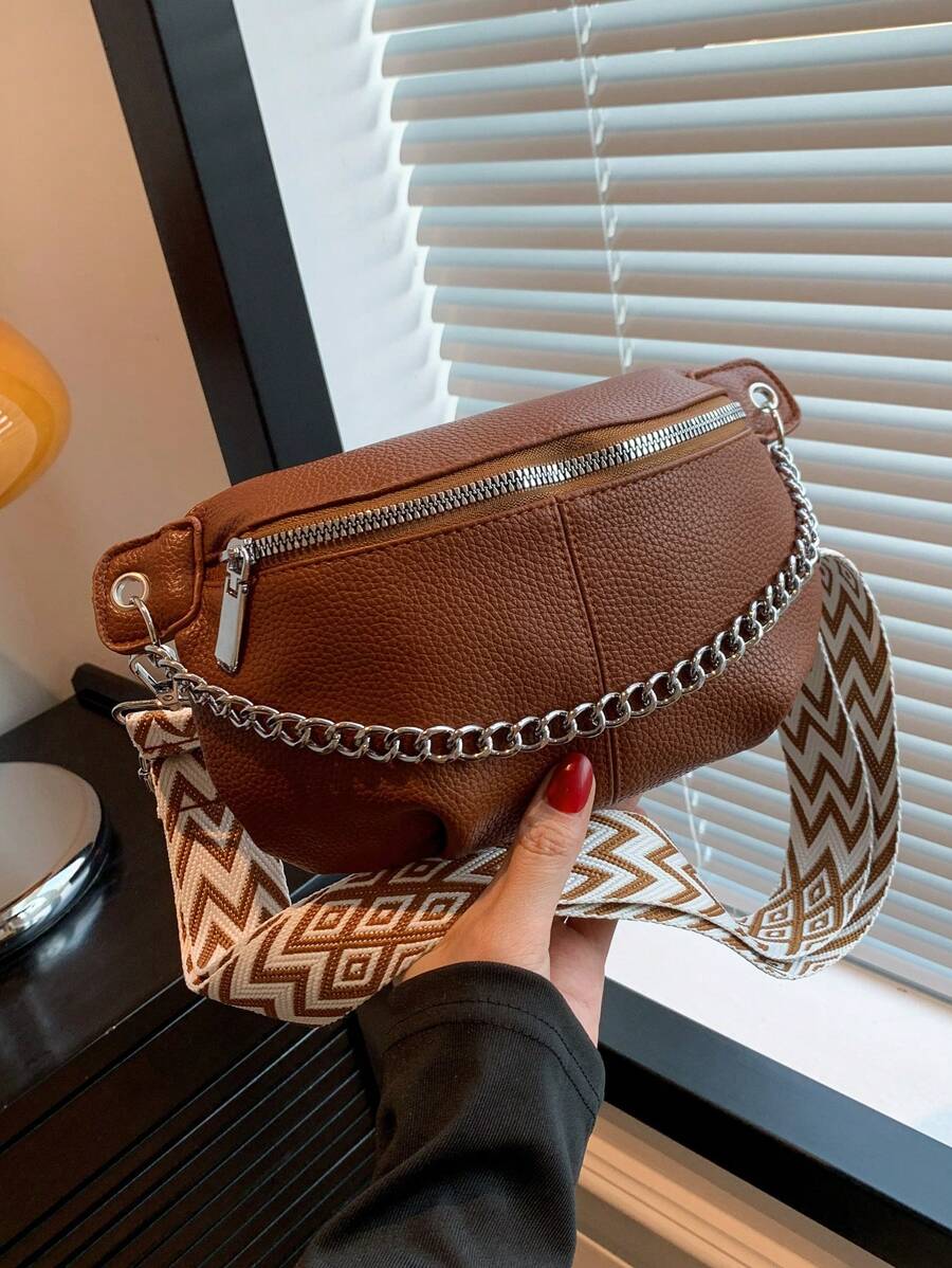 1pc Women Solid Color PU Chain Waist Pack Multi-Function Chest Bag-7