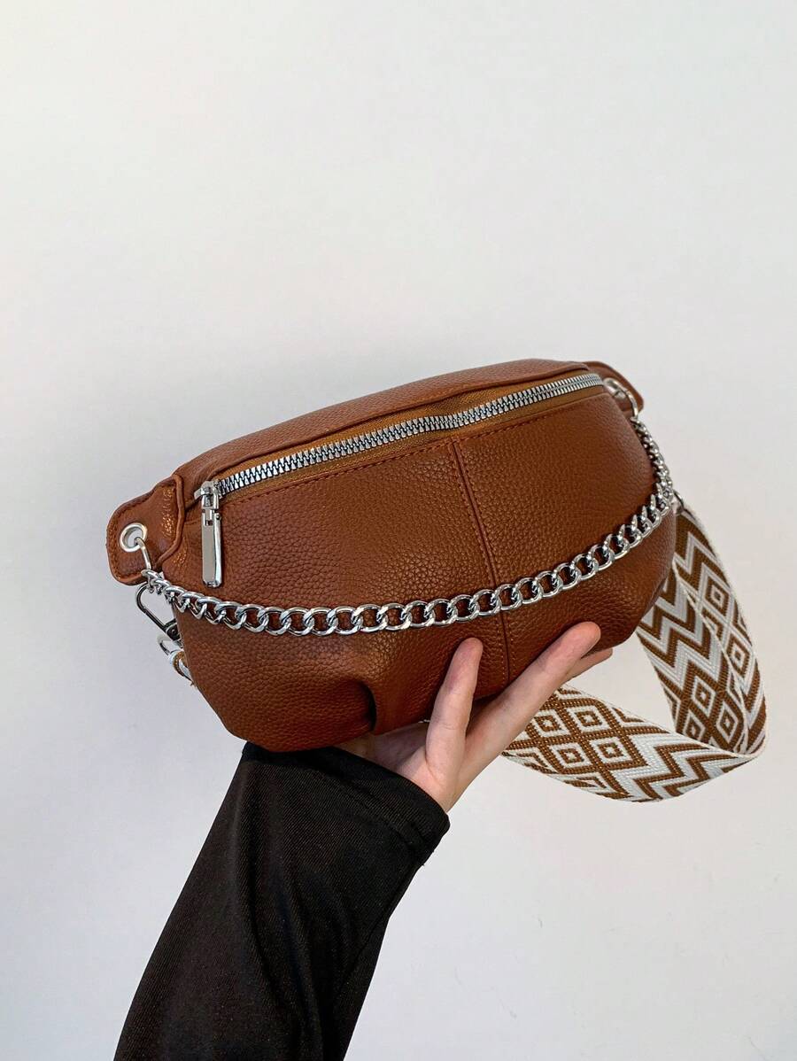 1pc Women Solid Color PU Chain Waist Pack Multi-Function Chest Bag-8