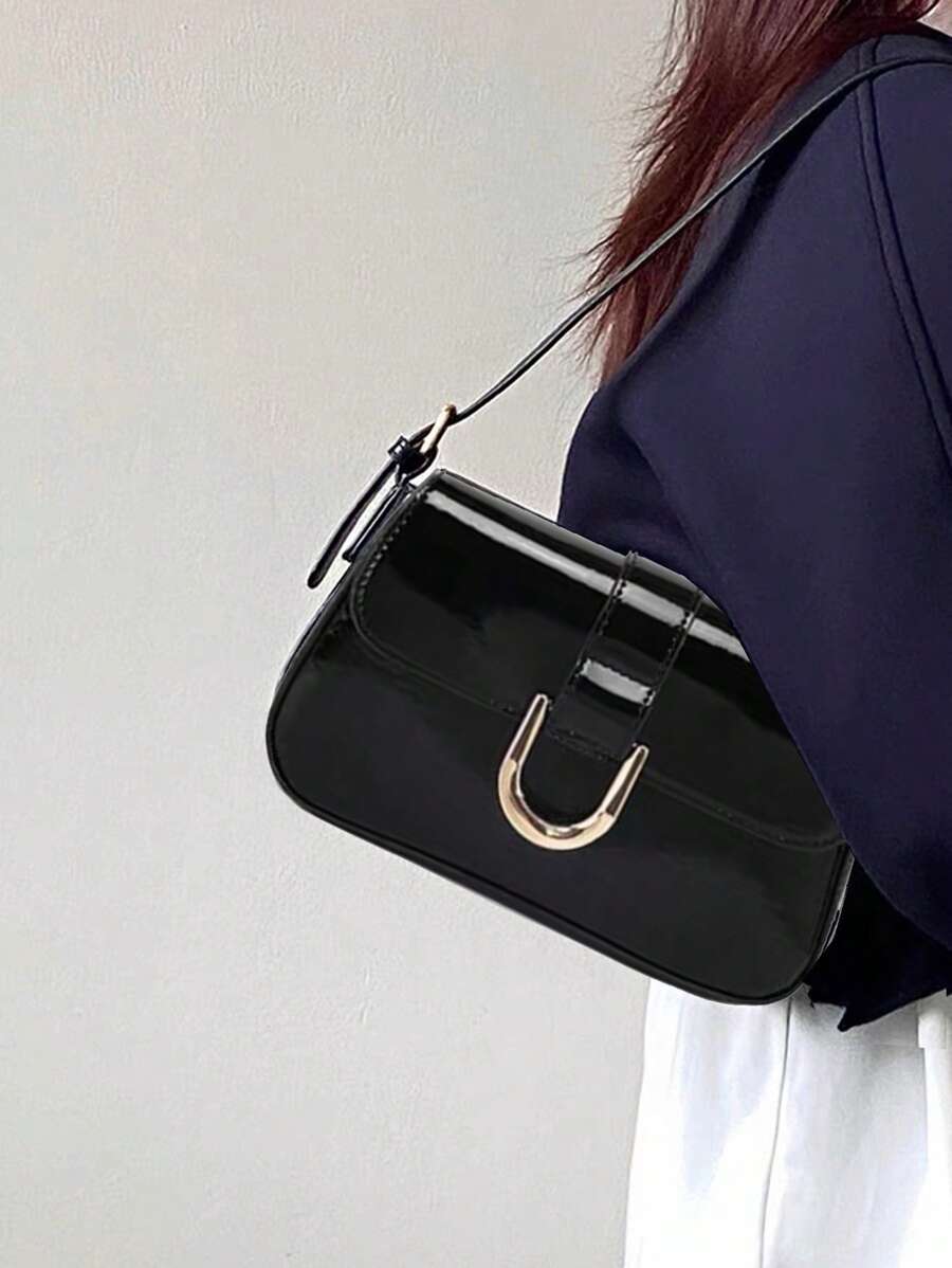 1pc Women's Patent PU Leather Baguette Bag, Burgundy, Y2K-3